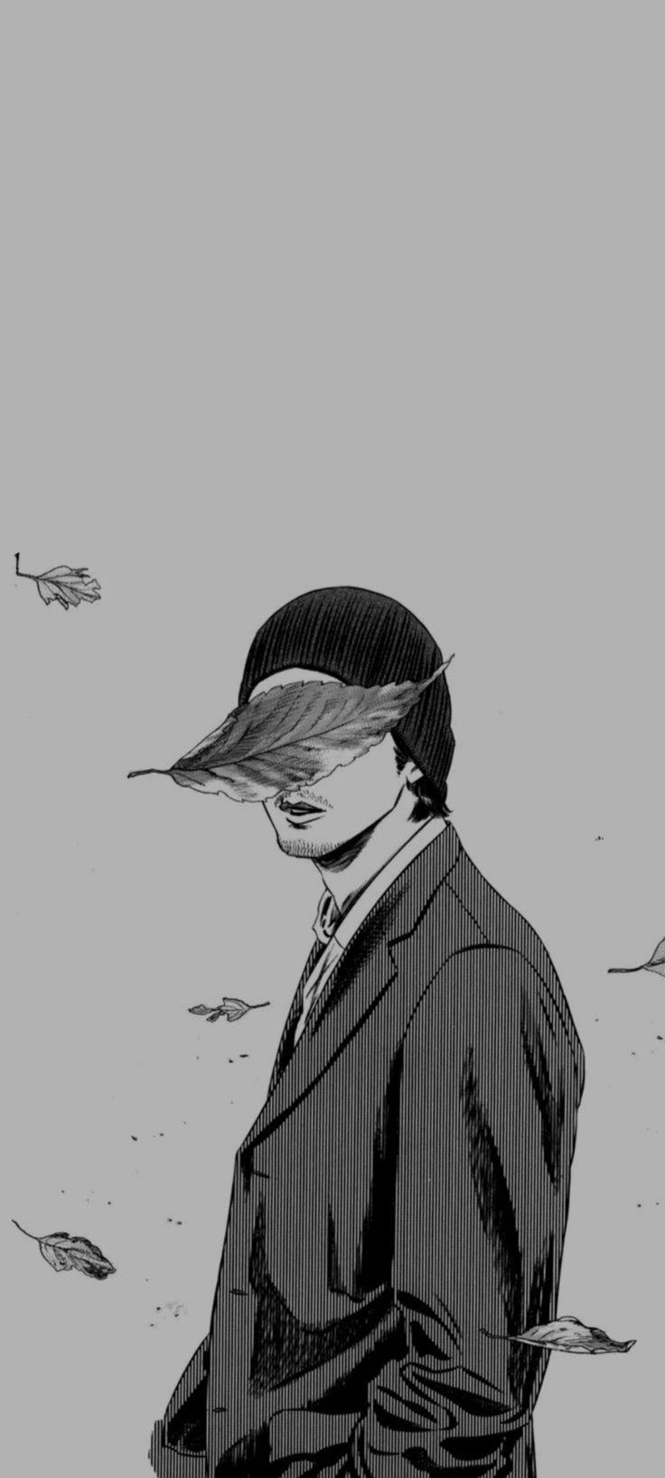 a drawing of a man in a suit and hat looking out at the ocean with birds flying around him