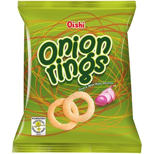 an open bag of onion rings on a white background