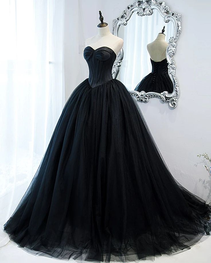 Black Tulle Prom Dress, Black Wedding Dress Gothic, Tulle Long Prom Dress, Prom Dress Black, Black Evening Gown, Gothic Wedding Dress, Black Prom, Custom Size Dresses, A Line Prom Dresses