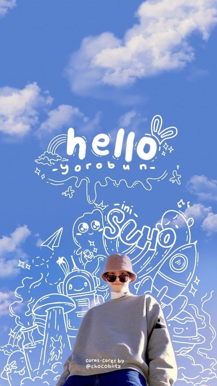 a man standing in front of a blue sky with clouds and the words hello written on it