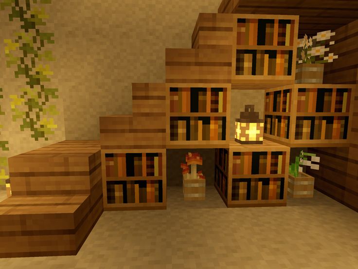 Minecraft Small Indoor Decor, Cute Staircase Ideas Minecraft, Minecraft Two Story House Interior, Chiseled Bookshelf Minecraft, Minecraft Cottage Core Interior No Mods, Minecraft Window Sill, Minecraft Upstairs Ideas, Minecraft House Fireplace, Cute Minecraft Builds Easy Outside