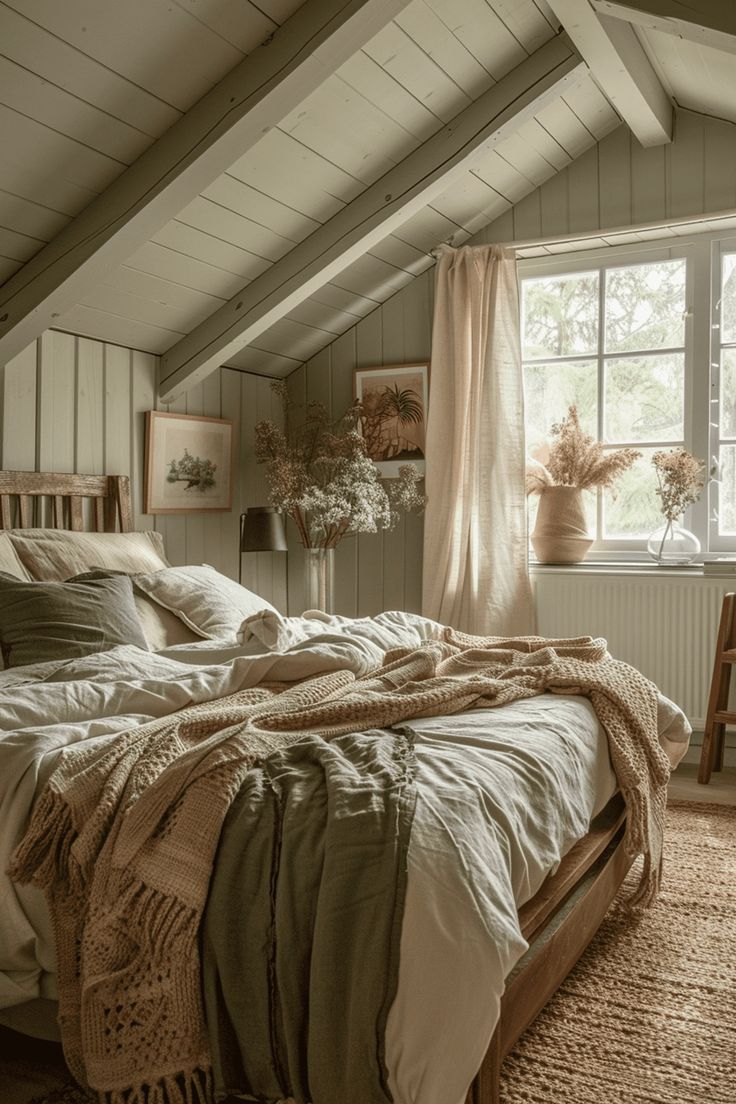 a bedroom with a bed, window and rugs on the floor in front of it