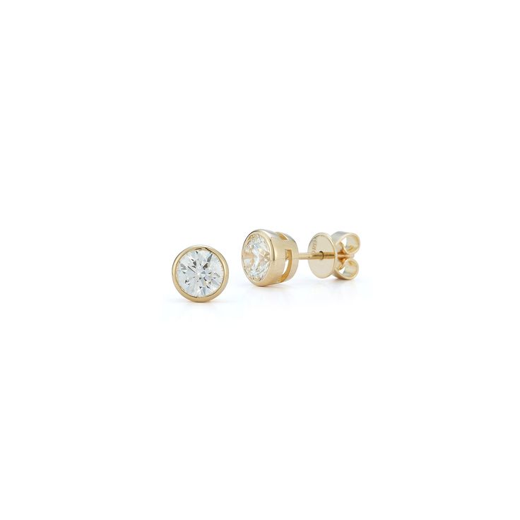 Yellow Gold-1^Designer Stud Earrings: DRD Round Bezel Set Solitaire Studs 1.00 Ct. Total Weight in Yellow Gold Everyday Bezel Set Round Cut Earrings, Classic Everyday Jewelry With Channel Set, Everyday Classic Jewelry With Channel Set, 14k Gold Diamond Earrings With Bezel Setting, Classic Round Diamond Earrings For Everyday, Classic Diamond Earrings With Channel Set, Everyday Luxury Round Cut Single Diamond Earrings, Classic Diamond White Diamond Earrings For Everyday, Everyday Luxury Single Diamond Round Cut Earrings