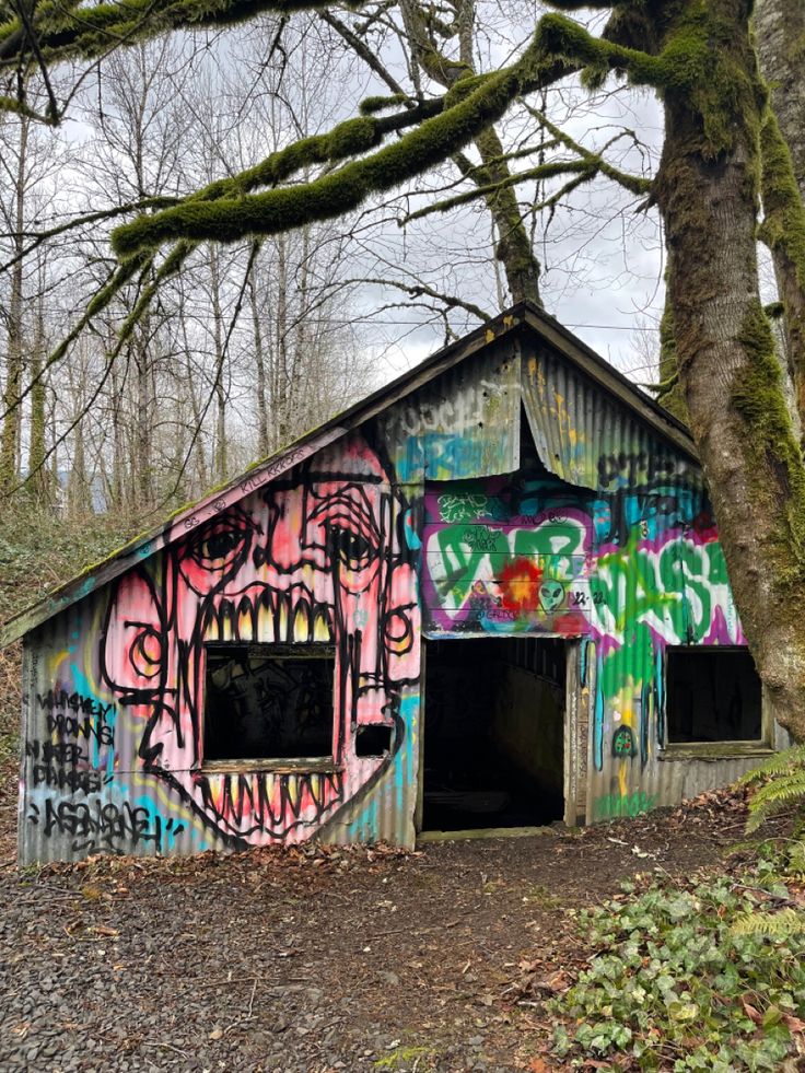 Playhouse, smokehouse, hangout, hiking, Oregon, graffiti, abandoned house. Abandoned Building Hangout, Hanging Out In Abandoned Places, Abandon Buildings Aesthetic, Hangout Spot Outside, Abandoned Hangout, Abandoned Hangout Spots, Run Down House Aesthetic, Junk Yard Aesthetic, Clubhouse Aesthetic