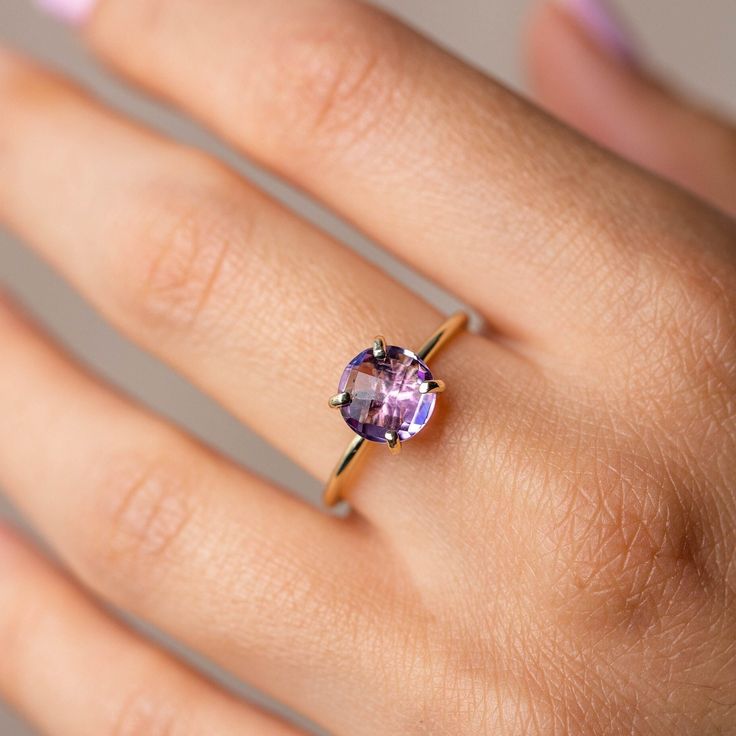 Purple Amethyst Solitaire Ring 14K Gold for Women 8mm - February Birthstone Birthday Gift - Natural Gemstone Minimalist Ring ● Metal: 14K solid gold, 14K white gold or 14K rose gold ● Gemstone: Purple Amethyst, briolette cut ● Stone Diameter: 8 mm (0.3 in) ● Choose from the drop down menus the available options (Material, Ring size) and leave us a note for any special requirements. ● All our pieces are delivered beautifully packaged and gift ready, with a certificate of authenticity for the meta Fine Jewelry 14k Gold Amethyst Ring With Round Cut, Purple Sapphire Ring With 14k Gold Prong Setting, Brilliant Cut Tanzanite Gemstones For Gift, Brilliant Cut Tanzanite Gemstones As Gift, Yellow Gold Amethyst Ring With Round Cut, Yellow Gold Amethyst Birthstone Ring With Prong Setting, Cushion Cut Amethyst Jewelry Gift, Yellow Gold Amethyst Round Cut Rings, Yellow Gold Round Cut Amethyst Ring For Anniversary