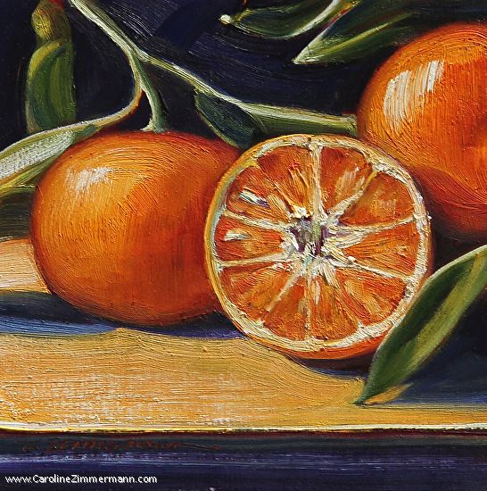 an oil painting of oranges and leaves on a table