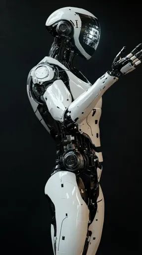 a robot that is standing up with its arms out and hands in the air while holding something