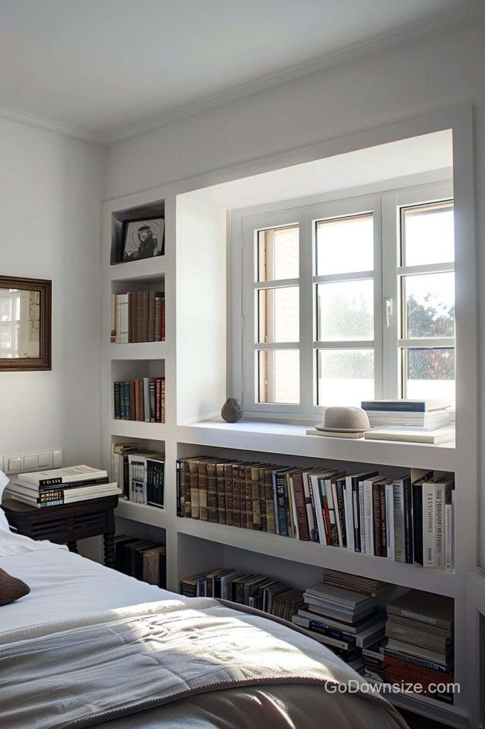 a bed sitting in a bedroom next to a book shelf filled with lots of books