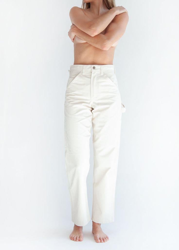 The original Painter Pant in Natural Drill cotton are straight-leg, classic workwear. By Stan Ray Cotton Utility Work Pants With Straight Hem, White Straight Fit Jeans For Workwear, Cotton Work Pants With Patch Pockets And Tapered Leg, Work Pants With Five Pockets In Chino Cotton Twill, Classic White Jeans For Work, Classic Straight Leg Cargo Pants With Patch Pockets, Classic Cargo Pants With Patch Pockets And Tapered Leg, Relaxed Fit Work Pants With Welt Pockets, Fitted Cotton Jeans With Patch Pockets