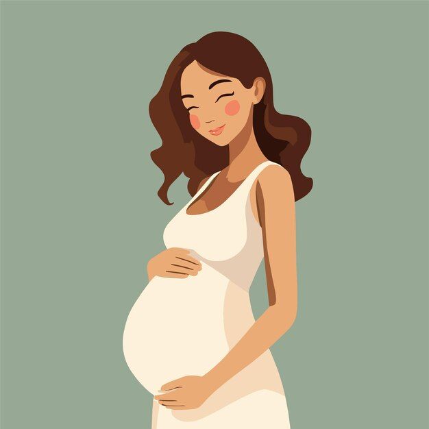 a pregnant woman in white dress holding her belly