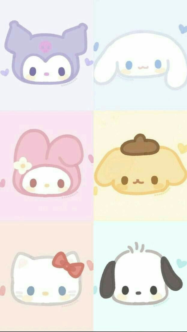 four different pictures of hello kitty, dog and cat faces in pastel colors with hearts