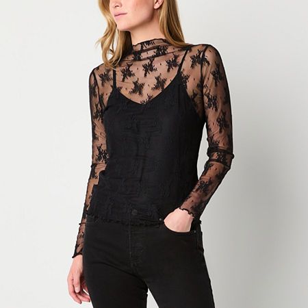 This a.n.a women's sheer patterned blouse is an elegant style to wear to impress for a party or dinner. Made from a stretchy lace, this top has a high mock neck, long sleeves and lettuce trims for a delicate finish. Wear it with black pants or jeans and heels. Fit: Regular FitNeckline: Mock NeckSleeve Length: Long SleeveApparel Length: 25.75 InchesFiber Content: 85% Nylon, 15% SpandexFabric Description: LaceCare: Machine Wash, Tumble DryMaterial: FabricCountry of Origin: Imported Lace Blouse Black, Lace Blouse Long Sleeve, Lace Trim Blouse, Patterned Blouse, Mock Neck Long Sleeve, Cowl Neck Long Sleeve, Blouse Black, New Wardrobe, Lace Blouse