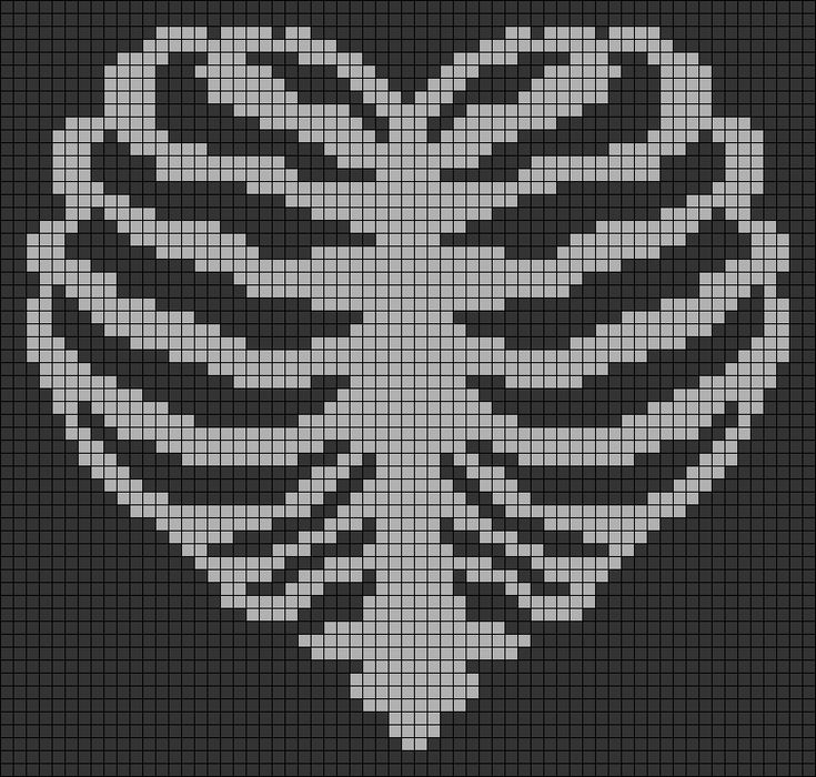 a cross stitch pattern with the shape of a heart in grey and white on a black background