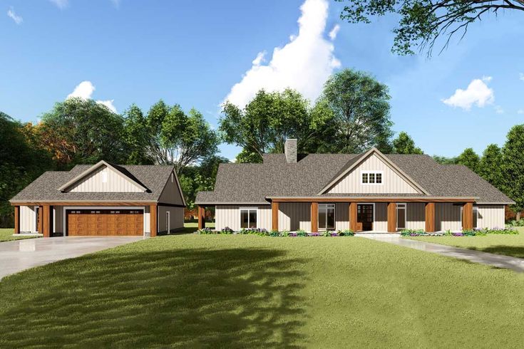 this is an artist's rendering of these ranch house plans with garages and porches