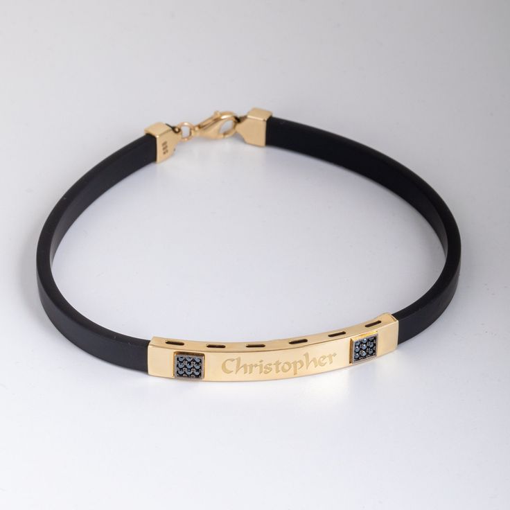 14K Solid Gold Custom Engrave Bar Bracelet for Men, Rubber Bangle Bracelet for Father, Square Black CZ Gold Bracelet, Boyfriend Gift or Dad 📘 D E T A I L S * Solid Gold (real gold, no gold-filled or no gold plated material) * Available gold karat: 14K (585) * Available gold color: Yellow * Available bar size: Small (6 mm x 40 mm) * Gemstone: Black CZ Measurements may vary slightly due to handwork. 🎁 P A C K A G I N G * All items are nicely packaged and ready to gift in jewelry boxes. * You can Gens Braslate Gold, Luxury Name Bracelet For Anniversary, Personalized Luxury Diamond Bracelet, Luxury Nameplate Bracelet For Anniversary, Luxury Anniversary Nameplate Bracelet, Luxury Polished Name Bracelet For Gift, Luxury Black Diamond Bracelet For Anniversary, Luxury Personalized Bangle Bracelet, Luxury Formal Name Bracelet