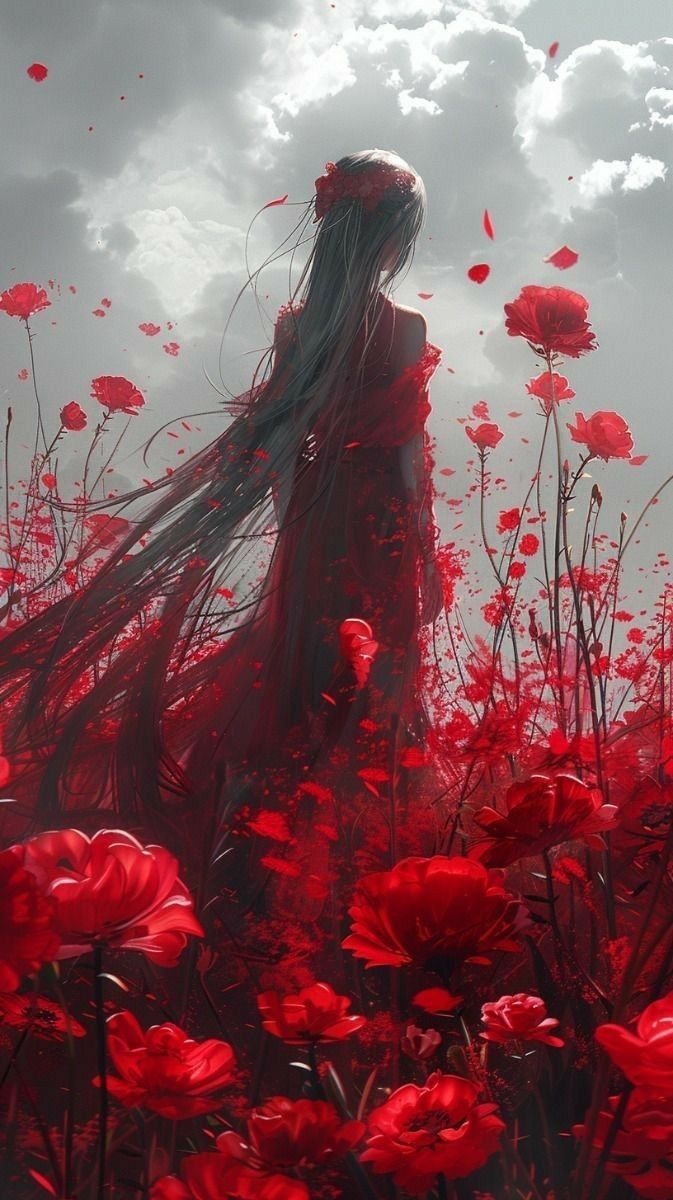 a woman standing in a field of red flowers with her hair blowing in the wind