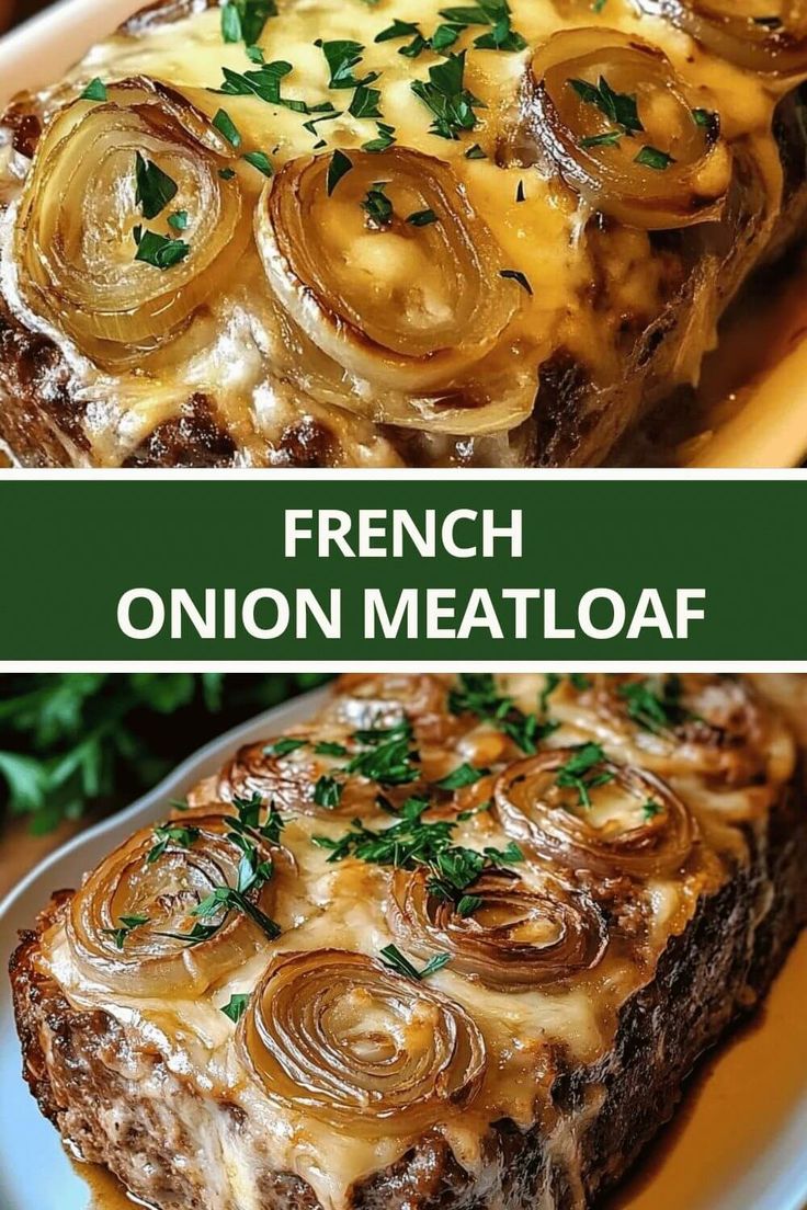 french onion meatloaf on a white plate