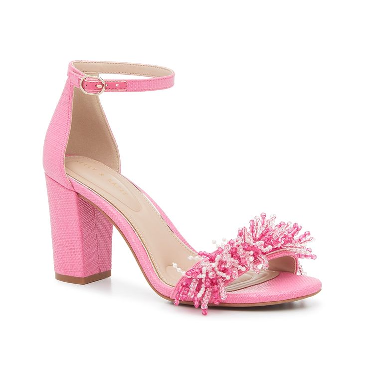 Kelly & Katie-Hasana Sandal Shimmer and shine easily in the Hasana sandal from Kelly & Katie. Beaded fringe adds quirky charm to this pair, while the block heel elevates the mood. Hot Pink Shoes Heels, Pink Glitter Heels For Formal Occasions, Homecoming Shoes Heels, Formal Pink Glitter Heels, Pink Embellished Heels For Wedding, Glamorous Pink Heels With Sequins, Pink Sequined Party Heels, Mens Prom Shoes, Pom Pom Heels