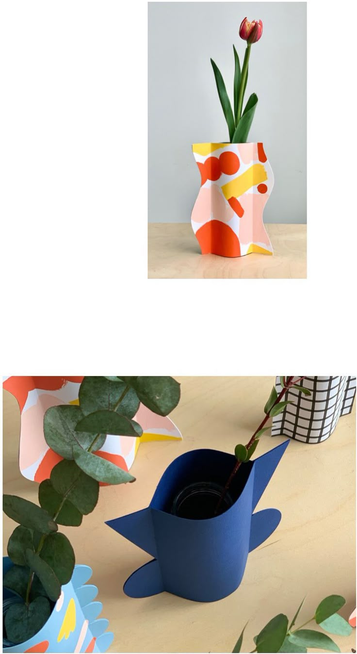 two different views of an origami flower pot and plant in the same vase