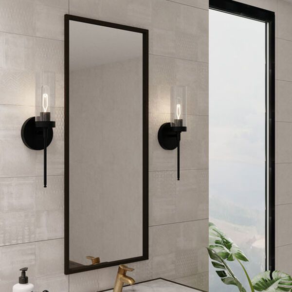 a bathroom sink with two mirrors and lights on the wall next to it, in front of a window