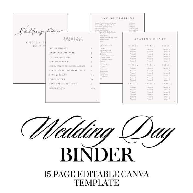 the wedding day binder is shown in black and white, with five different font styles