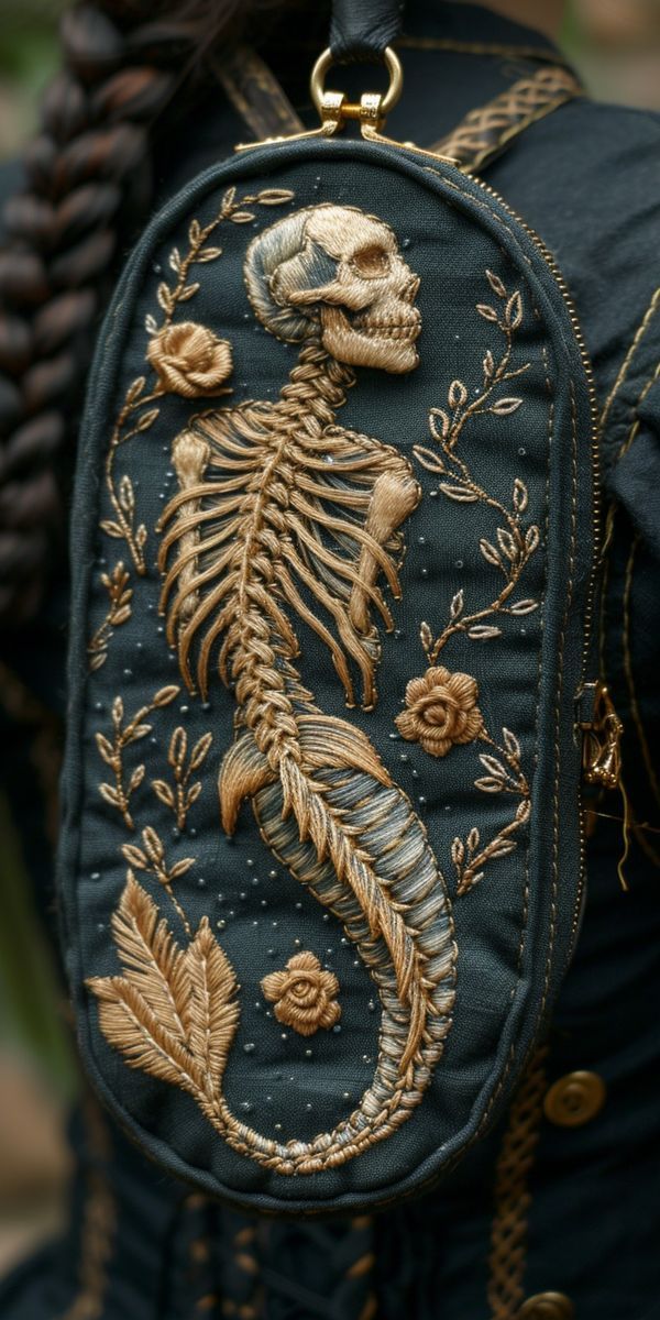 the back of a woman's black jacket with gold embroidered details and a seahorse on it