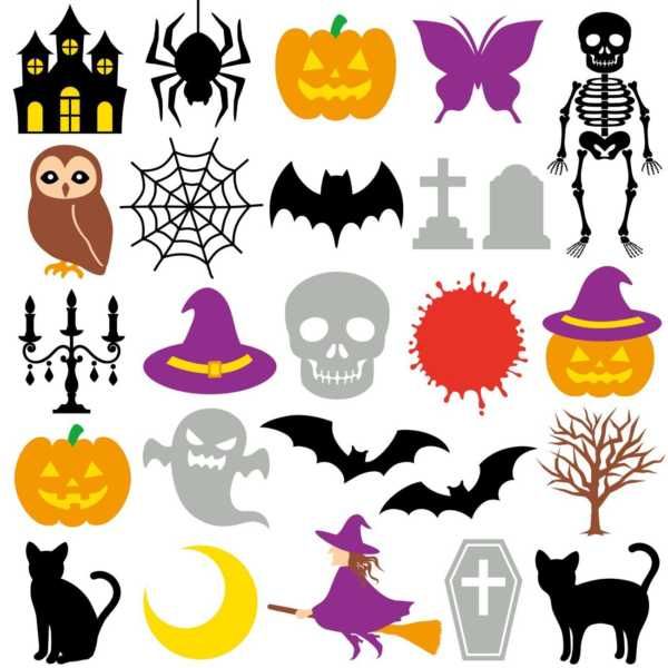 halloween cliparts with pumpkins, bats, skulls and other items for decoration