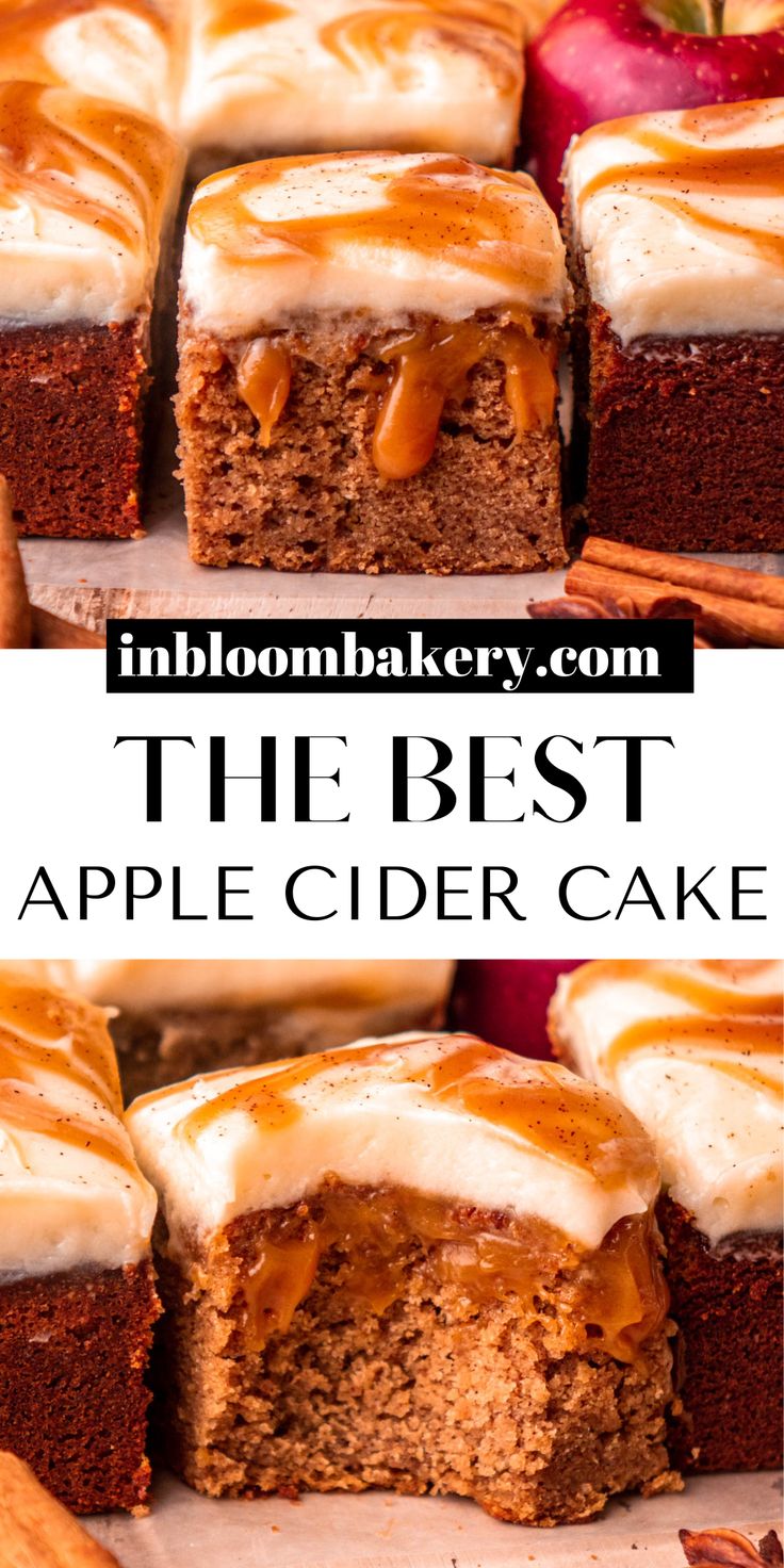 the best apple cider cake with cinnamon frosting on top and apples in the background