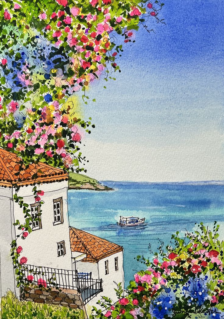 a watercolor painting of a house by the ocean with flowers in front of it