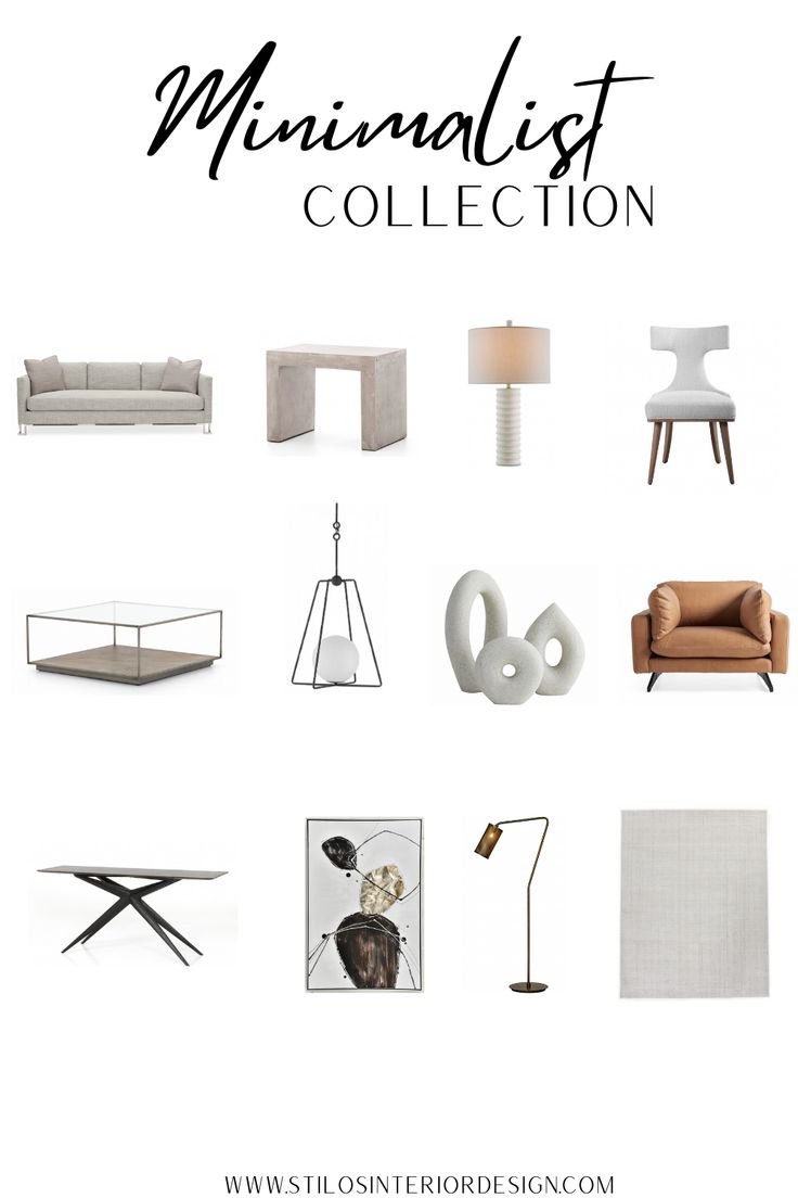 the minimalist collection from west elm interior design is shown in black and white with text overlay