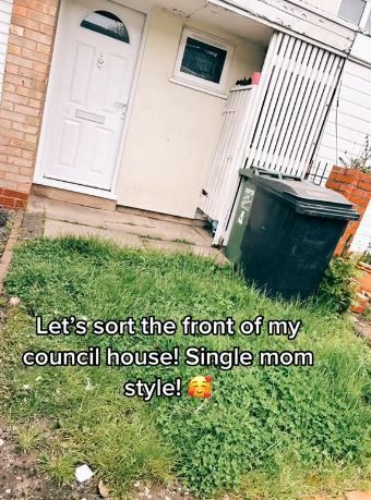 an image of a front yard with the words let's sort the front of my council house single mom style