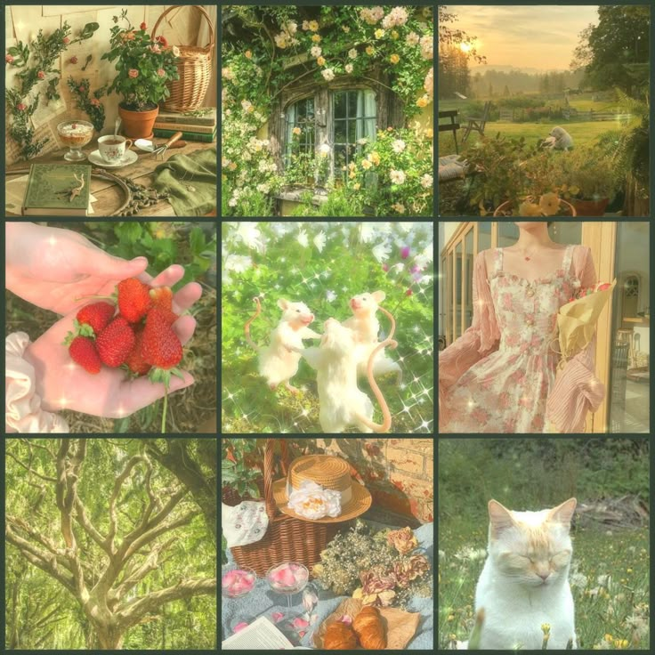 a collage of pictures with cats, flowers and other things in the background including strawberries