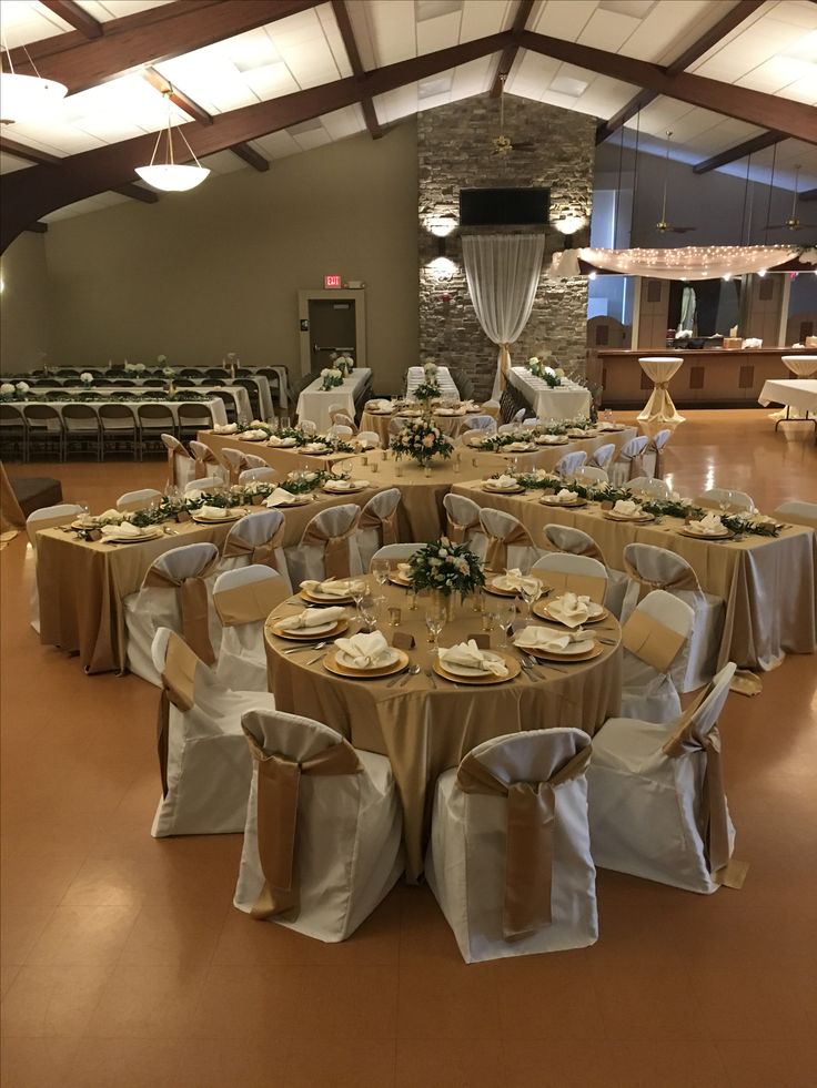 a banquet hall with tables and chairs set up for an event