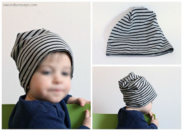 three pictures of a baby wearing a hat and one with a striped cap on it