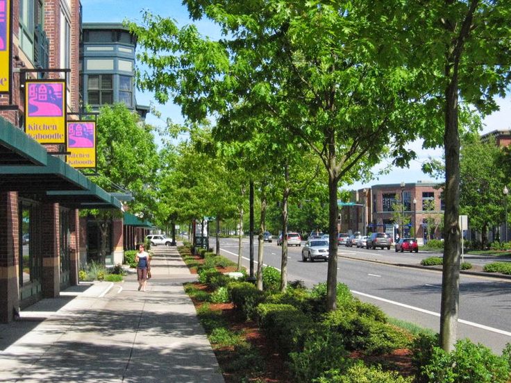 a woman walking down the sidewalk in front of a building with lots of trees on both sides