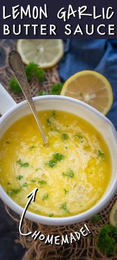 a bowl of lemon garlic butter sauce with a spoon in it and the recipe below