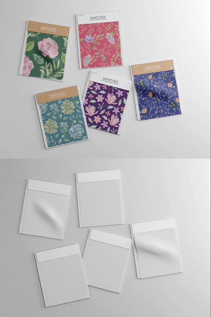 several different cards and envelopes with flowers on them, all lined up in the same pattern