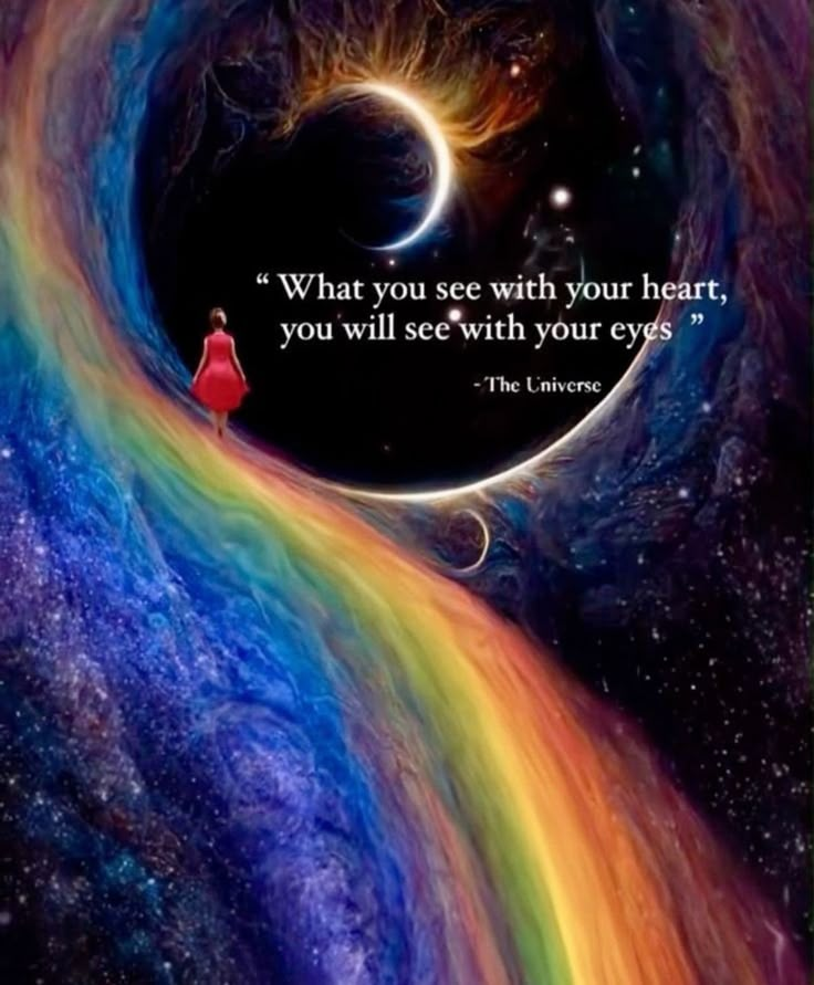 a woman standing in the middle of a rainbow filled space with a quote on it that reads, what you see with your heart, you will see - with your eyes