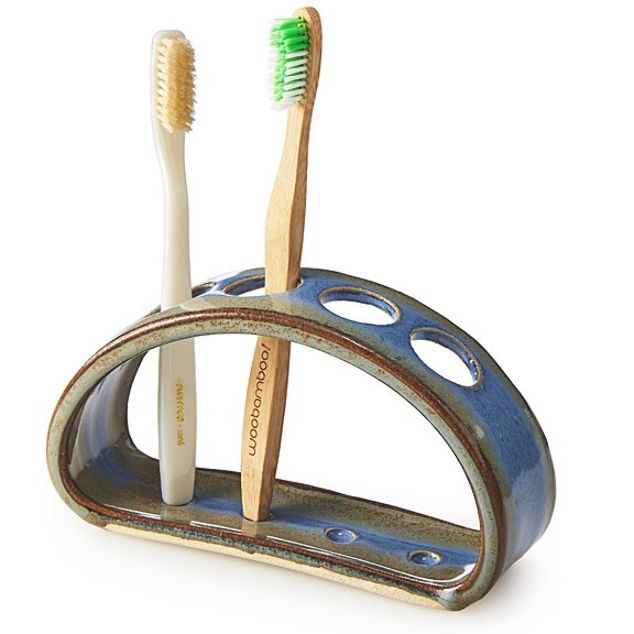 two toothbrushes sitting in a holder on a white background