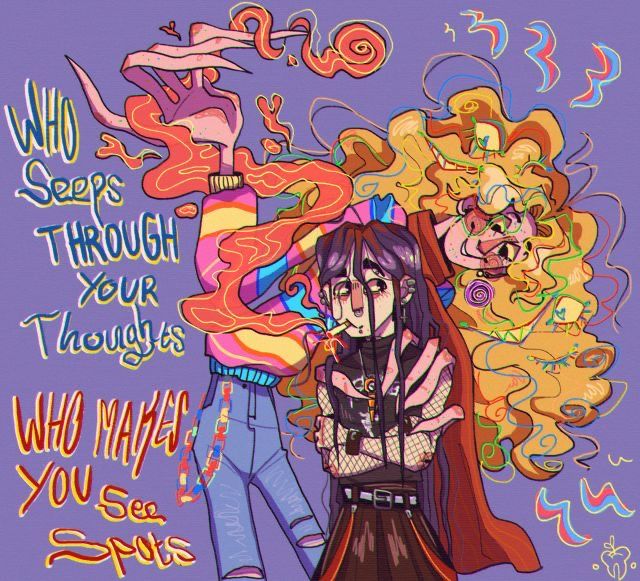 a drawing of two people with colorful hair and text that reads, who sleeps through your thought? who have you seen?