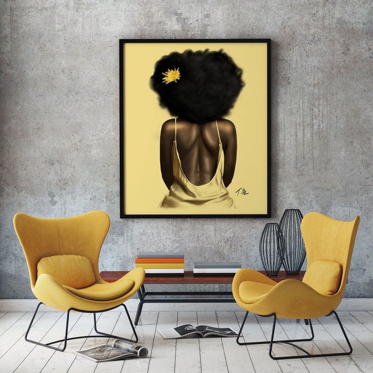 a painting of a woman's back with yellow flowers in her hair on the wall