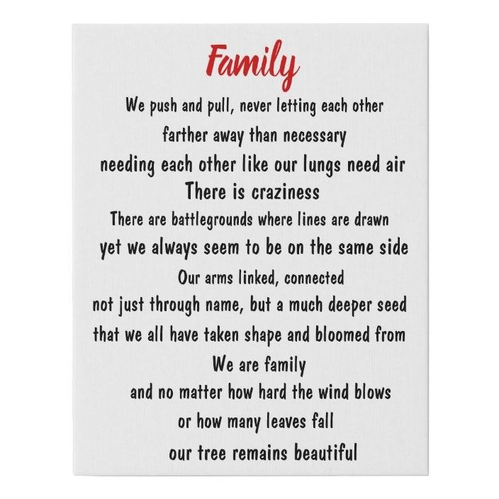 a poem written in red and black on white paper with the words family above it