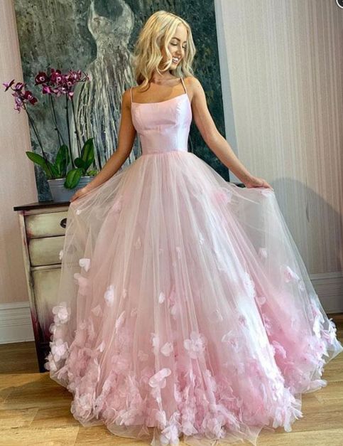 Light Pink A Line Prom Dresses,Evening Dresses Pink Tulle Evening Dress, 3d Applique, Pink Spaghetti, Prom Dresses Long Pink, Prom Dresses Elegant, Maxi Dress Wedding Guest, Pink Evening Dress, Spaghetti Strap Prom Dress, 파티 드레스