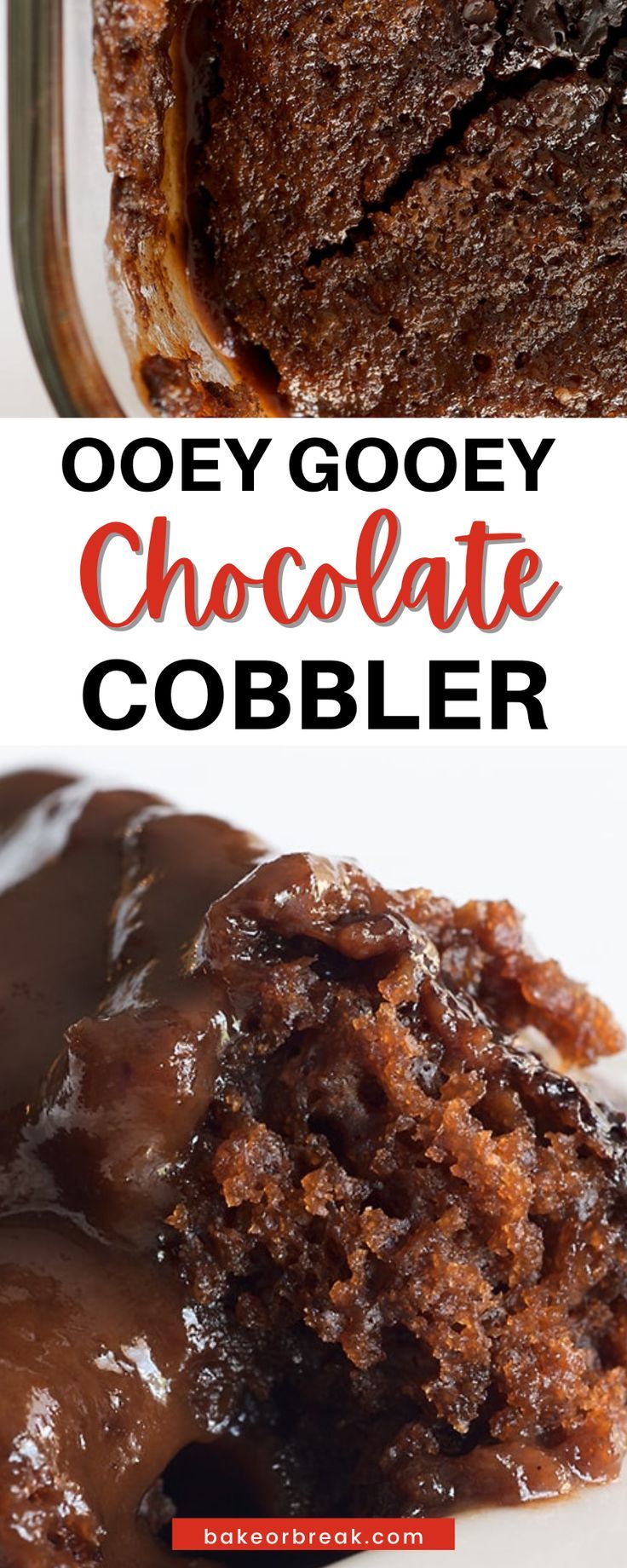 a close up of a piece of chocolate cobbler on a plate with the text overlay