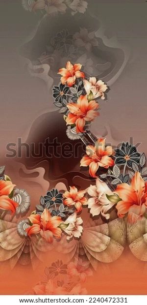 an abstract floral background with flowers and leaves in the center, on a gray - orange background