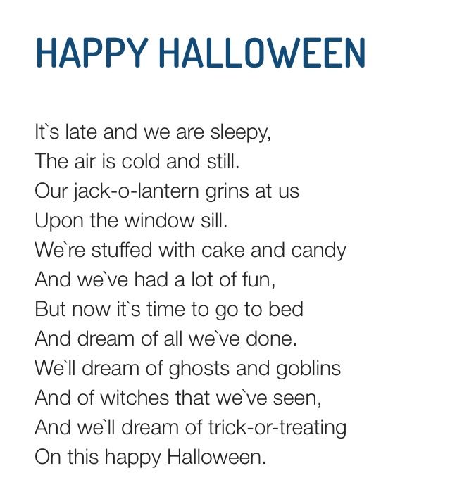 a poem written in blue and white with the words happy halloween on it's side