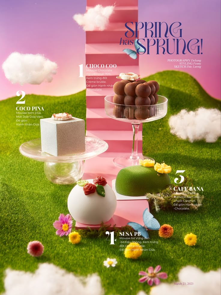 an advertisement for spring in the sky with cakes and other desserts on it's display