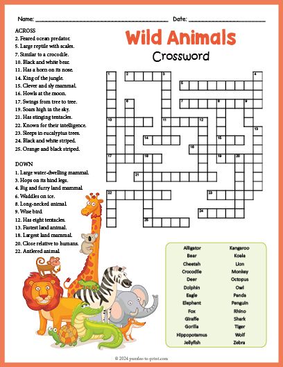 a crossword puzzle with animals on it