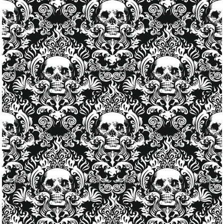 skulls and swirls in black and white fabric