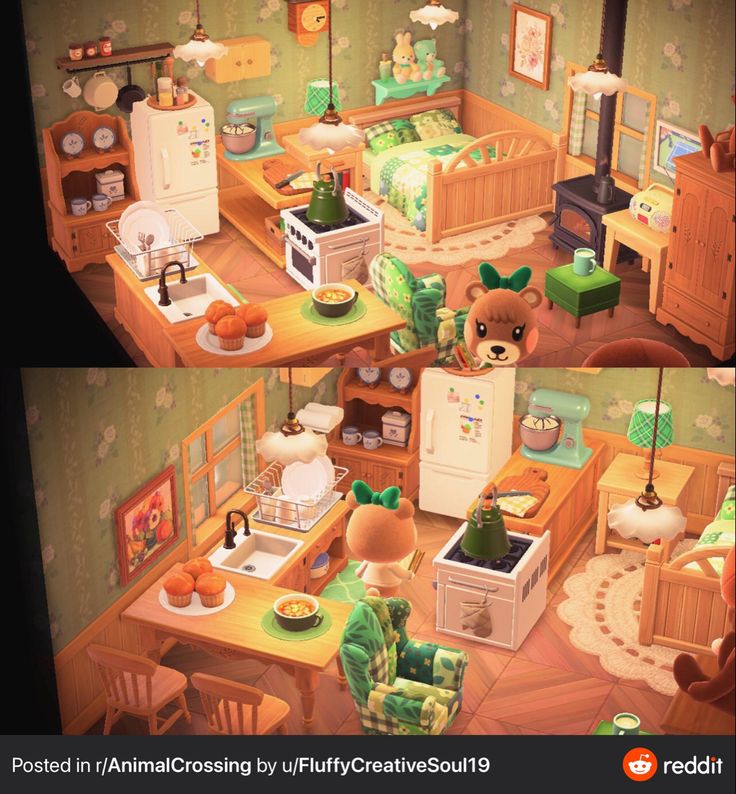 two pictures of the same room in an animal crossing house, one is filled with furniture and